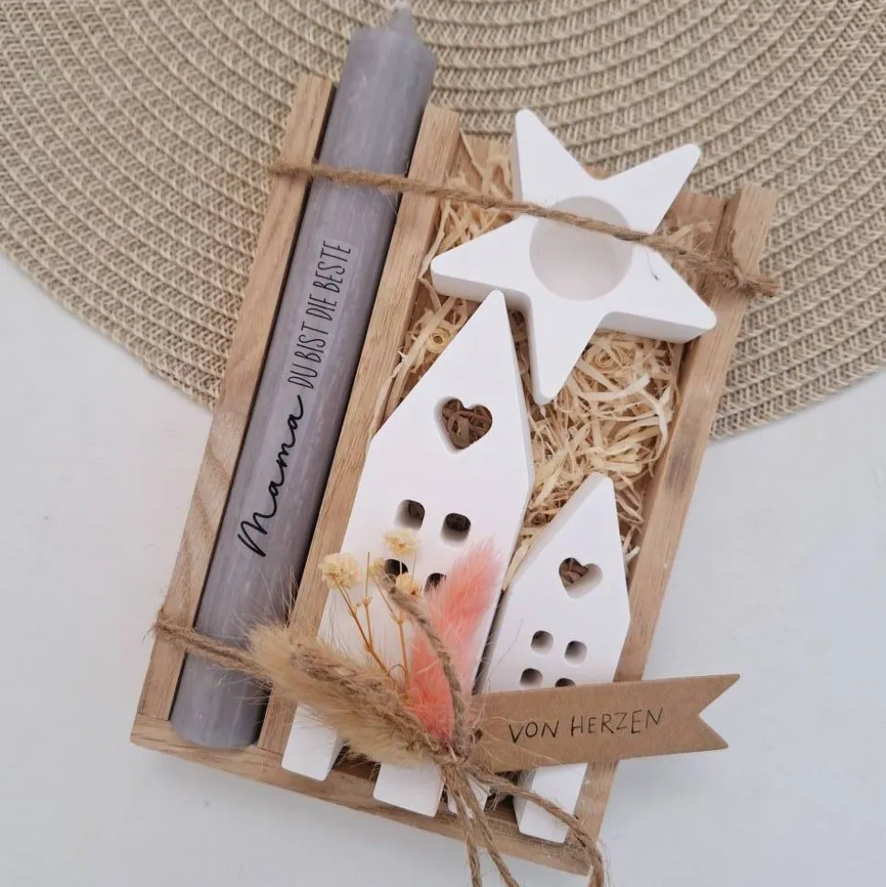 Muttertag Muttertagsgeschenk Häuser / Lichthäuser Kerzenhalter Stern Kerzenset für Mama Geschenkset Stabkerze Kerzenbox