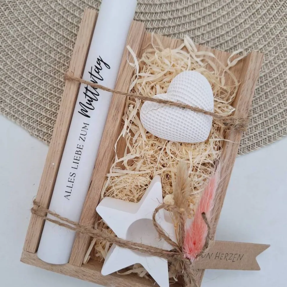 Muttertag Muttertagsgeschenk Dekoherz Kerzenhalter Stern Kerzenset für Mama Geschenkset Stabkerze Kerzenbox Holzbox Mitb