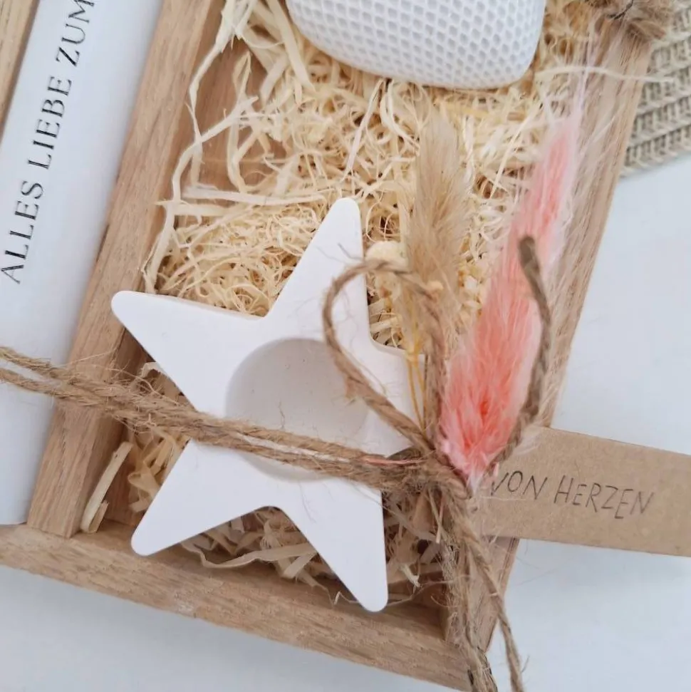 Muttertag Muttertagsgeschenk Dekoherz Kerzenhalter Stern Kerzenset für Mama Geschenkset Stabkerze Kerzenbox Holzbox Mitb