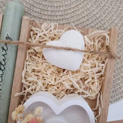 Muttertag Muttertagsgeschenk Dekoherz Kerzenteller Herz Kerzenset für Mama Geschenkset Stabkerze Kerzenbox Holzbox Mitbr
