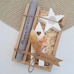 Muttertag Muttertagsgeschenk Haus / Lichthaus Kerzenhalter Stern Kerzenset für Mama Geschenkset Stabkerze Kerzenbox Holz