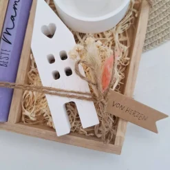 Muttertag Muttertagsgeschenk Haus / Lichthaus Kerzenteller rund Kerzenset für Mama Geschenkset Stabkerze Kerzenbox Holzb