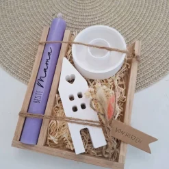 Muttertag Muttertagsgeschenk Haus / Lichthaus Kerzenteller rund Kerzenset für Mama Geschenkset Stabkerze Kerzenbox Holzb