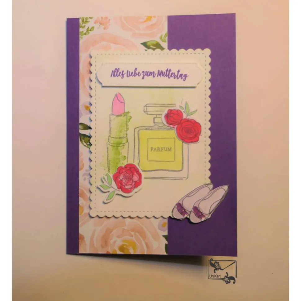 Muttertagskarte  mit Grusstext in Fliederfarbe Handgefertigt