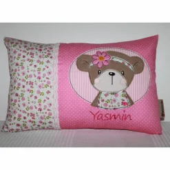 Namenskissen, Kuschelkissen mit niedlichen Frühlingsbär Button und Namen 25x35 cm, Hülle & Inlett, Geburt, Taufe, Geburt