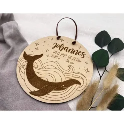 Namensschild, Geburtsschild, Holzschild mit Blauwal, personalisierbar aus Holz mit Geburtsdaten, für das Kinderzimmer zu