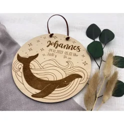 Namensschild, Geburtsschild, Holzschild mit Blauwal, personalisierbar aus Holz mit Geburtsdaten, für das Kinderzimmer zu