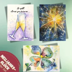 Neujahrsglück – 3er Postkarten-Set mit handgemalten Silvester- & Glücksmotiven inkl. Umschlägen