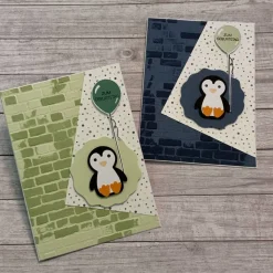 Niedliche Grußkarten / Glückwunschkarten für Kinder zum Geburtstag, für Mädchen & Jungen, Pinguin, Luftballon Handarbeit