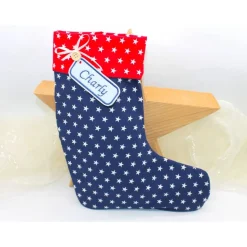 Nikolausstiefel dunkelblau rot Sterne mit Namen personalisiert / Stiefel Nikolaus Stoff / Nikolaussocke