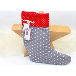 Nikolausstiefel grau rot Sterne mit  Namen personalisiert / Nikolaus Socke / Stiefel / Strumpf aus Stoff