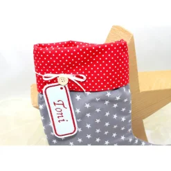 Nikolausstiefel grau rot Sterne mit  Namen personalisiert / Nikolaus Socke / Stiefel / Strumpf aus Stoff