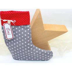 Nikolausstiefel grau rot Sterne mit  Namen personalisiert / Nikolaus Socke / Stiefel / Strumpf aus Stoff