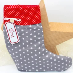 Nikolausstiefel grau rot Sterne mit  Namen personalisiert / Nikolaus Socke / Stiefel / Strumpf aus Stoff