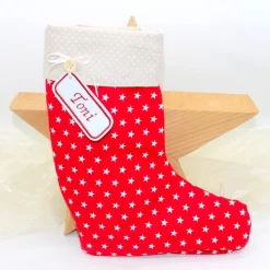 Nikolausstiefel rot beige Sterne mit  Namen personalisiert / Nikolaus Socke / Stiefel / Strumpf aus Stoff
