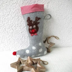 Nikolausstiefel Weihnachststiefel gefilzt mit Rentier und Karostoff nachhaltig