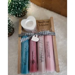 Nimm dir was du brauchst Geschenkset – Personalisierte Kerzen & Raysin Deko für Frauen - kl. Mitbringsel