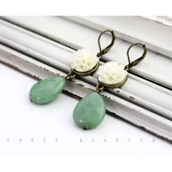 Ohrringe, Brautschmuck, mintgrün, Blumen, weiß, romantisch, boho, Hochzeit, Geschenk, Braut, mint, türkis, Tropfen, vintage, antik, style