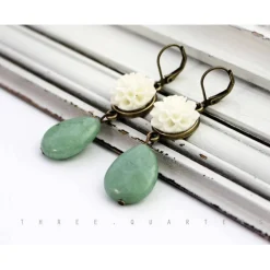 Ohrringe, Brautschmuck, mintgrün, Blumen, weiß, romantisch, boho, Hochzeit, Geschenk, Braut, mint, türkis, Tropfen, vintage, antik, style