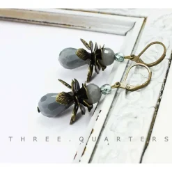 Ohrringe, filigran, grau, Tropfen, antik, bronze, dunkelgrau, Metall, bronze, Blüten, türkis, Blätter, Metall, Hochzeit, Geschenk, vintage