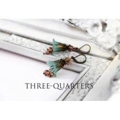 Ohrringe mit Blüten in petrol, grün und kleinen Perlen in bronze, orange, rot,Hochzeit, Braut, Glockenblume,nostalgisch