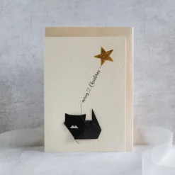 Origami Weihnachtskarte Katze mit Stern - Handgemachte 3D Karte Katze zu Weihnachten - Besondere Weihnachtskarte