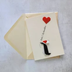 Origami Weihnachtskarte Pinguin mit Herzluftballon - Handgemachte 3D Weihnachtskarte -Origami Unikat mit Weihnachtsmütze