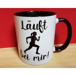 Originelle Geschenke für Läufer | Läuferin Tasse mit Spruch Läuft bei mir | Fitness Marathon Laufen Marathon Joggen Sport Frauen Geschenk