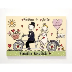 originelles Hochzeitsgeschenk für das Brautpaar: Türschild mit Braut und Bräutigam auf Fahrrad und Namen personalisiert, Hochzeitsdatum integriert, individuelles Design, einzigartige Geschenkidee