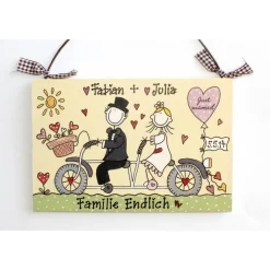 originelles Hochzeitsgeschenk für das Brautpaar: Türschild mit Braut und Bräutigam auf Fahrrad und Namen personalisiert, Hochzeitsdatum integriert, individuelles Design, einzigartige Geschenkidee