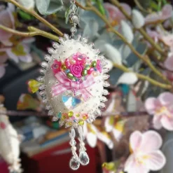 Ornament creme weiß Ei beidseitig bestickt Unikat Osterei handmade shabby chic Wohndeko