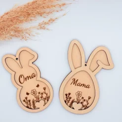 Osteranhänger aus Holz in Ei- & Hasenform – personalisiert mit Namen oder schlicht – natürliche Osterdeko