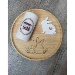 Osterdeko * Holzteller graviert * Stumpenkerze beschriftet * Osterhase gegossen