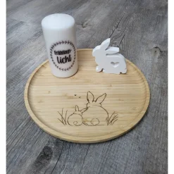 Osterdeko * Holzteller graviert * Stumpenkerze beschriftet * Osterhase gegossen