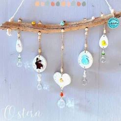 Osterdeko Fenster hängend – Handgefertigte Keramik, skandinavisch, Sonnenfänger, Ast, Pastell