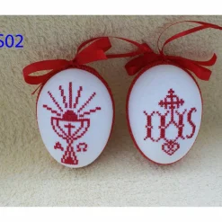 Osterdeko, Kreuzstich Osterei Handarbeit gestickt  religiöses Motiv   12cm, rot weiß,