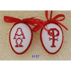 Osterdeko, Kreuzstich Osterei,  religiöses Motiv  Handgestickt, rot-weiß 6cm