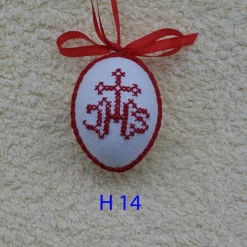 Osterdeko, Kreuzstich Osterei,  religiöses Motiv  Handgestickt, rot-weiß 6cm