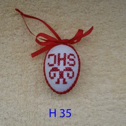Osterdeko, Kreuzstich Osterei,  religiöses Motiv  Handgestickt, rot-weiß 6cm