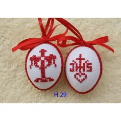 Osterdeko, Kreuzstich Osterei,  religiöses Motiv  Handgestickt, rot-weiß 6cm
