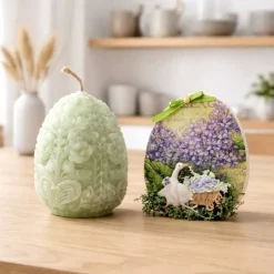 Osterdekoration - 2-er Set - Kerze und Osterei mit Kaltporzellan Verzierung