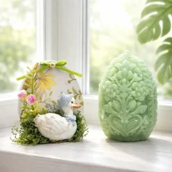 Osterdekoration - 2-er Set - Kerze und Osterei mit Kaltporzellan Verzierung