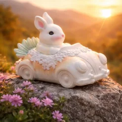 Osterdekoration - Osterhase im Auto - Handbemalt -