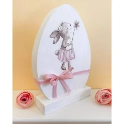 Osterei aus Holz auf Sockel, weiß/rosa, Ostern