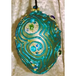 Osterei PETROL mit Acrylfarbe bemalt und mit Wolle und Schmucksteinen verziert Osterdeko Hängedeko großes Osterei