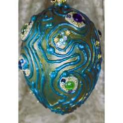 Osterei PETROL mit Acrylfarbe bemalt und mit Wolle und Schmucksteinen verziert Osterdeko Hängedeko großes Osterei