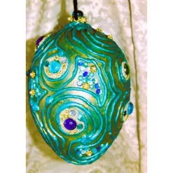 Osterei PETROL mit Acrylfarbe bemalt und mit Wolle und Schmucksteinen verziert Osterdeko Hängedeko großes Osterei