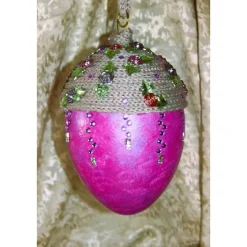 Osterei PINK/GRAU mit Acrylfarbe bemalt und mit Wolle und Schmucksteinen verziert Osterdeko Hängedeko großes Osterei