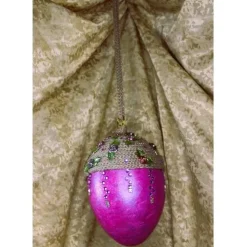 Osterei PINK/GRAU mit Acrylfarbe bemalt und mit Wolle und Schmucksteinen verziert Osterdeko Hängedeko großes Osterei
