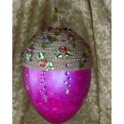Osterei PINK/GRAU mit Acrylfarbe bemalt und mit Wolle und Schmucksteinen verziert Osterdeko Hängedeko großes Osterei
